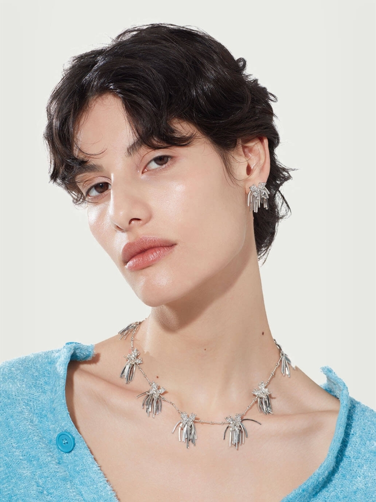 Silver multi-cluster tassel butterfly necklace