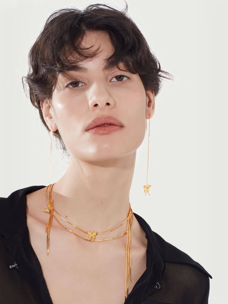 Gold long tassel butterfly necklace