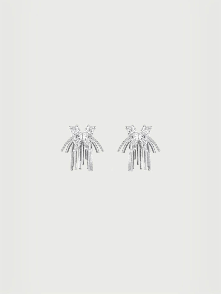 Silver dangling fringe butterfly earrings