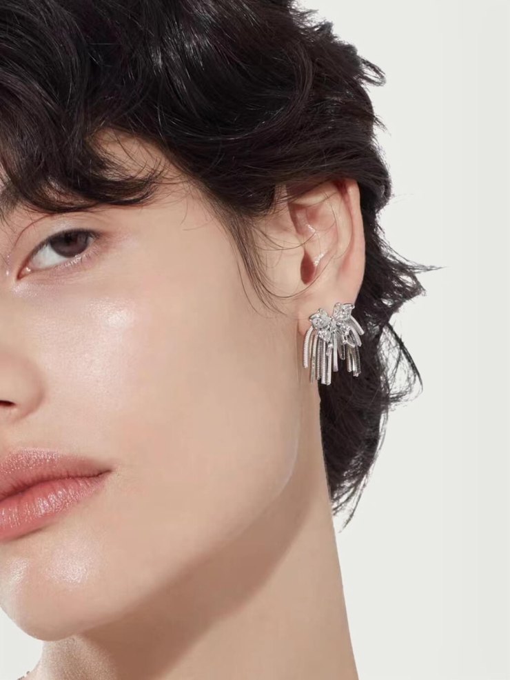 Silver dangling fringe butterfly earrings