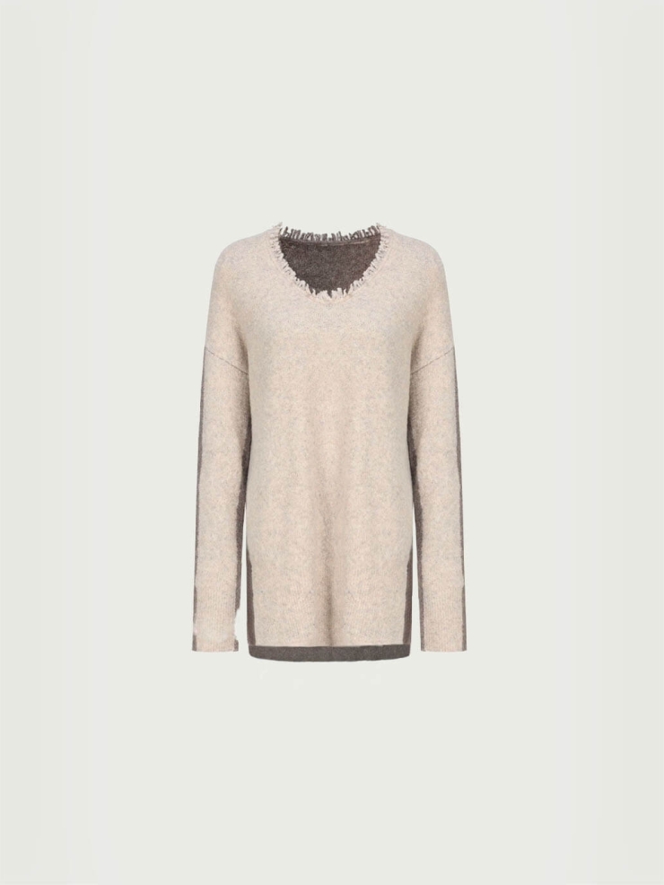 Beige Raw Edge Colorblock Sweater