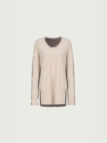 Beige Raw Edge Colorblock Sweater