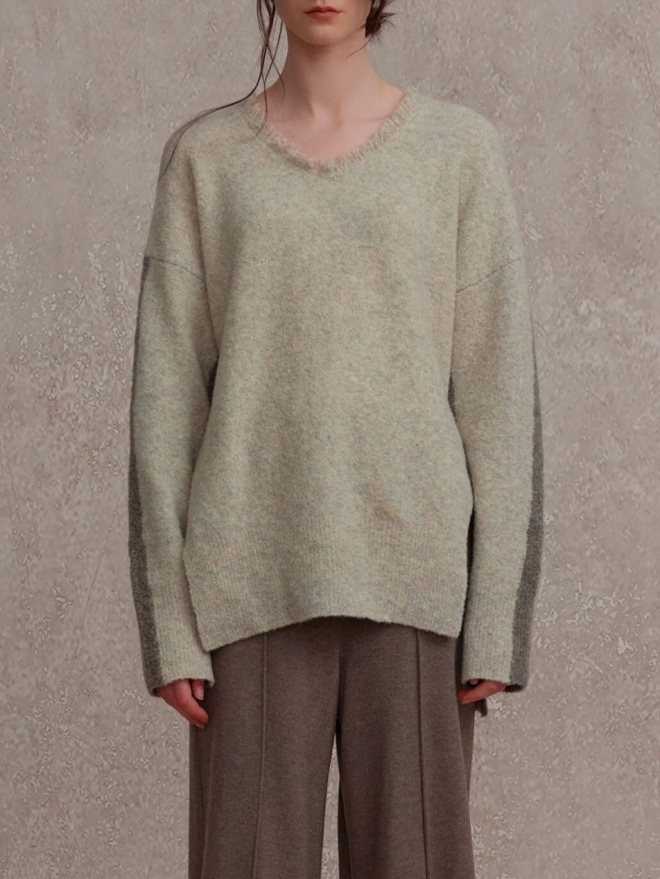 Beige Raw Edge Colorblock Sweater