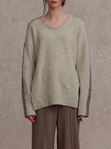 Beige Raw Edge Colorblock Sweater