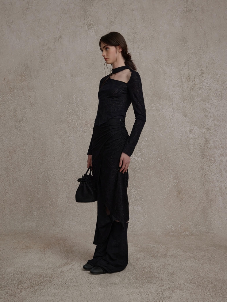 Black Irregular Knit Half Skirt