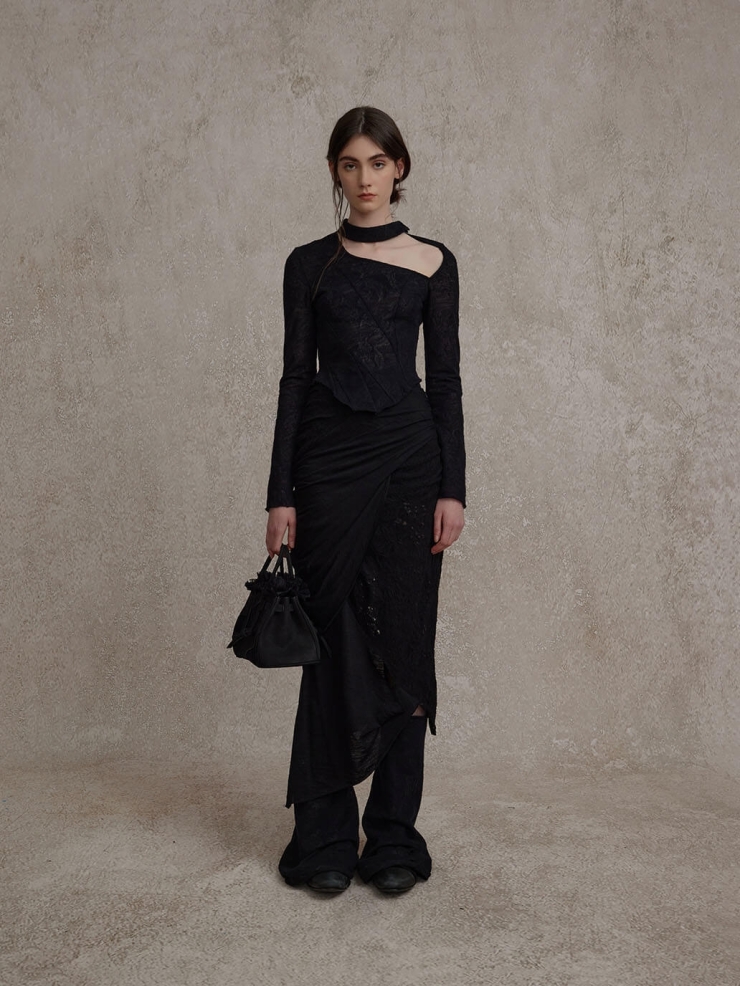 Black Irregular Knit Half Skirt