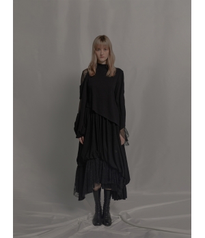 ELYWOOD Black Wool Layered Lace Skirt