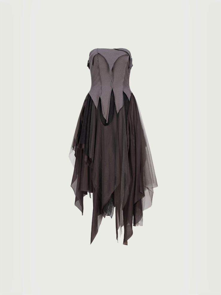 Gray Purple Dress with Pointed Hem and Tube Top