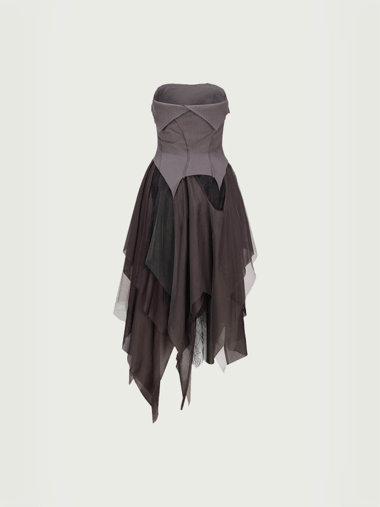 Gray Purple Dress with Pointed Hem and Tube Top