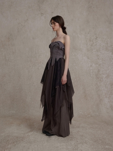 Gray Purple Dress with Pointed Hem and Tube Top