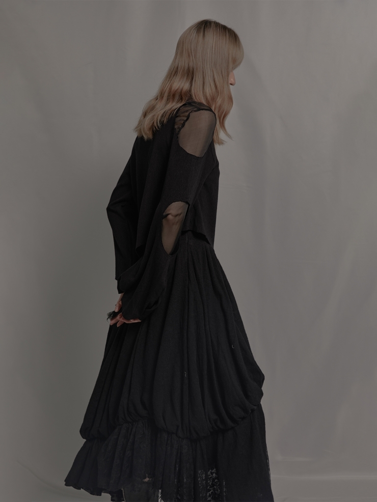 ELYWOOD Black Wool Layered Lace Skirt