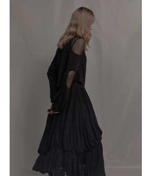 ELYWOOD Black Wool Layered Lace Skirt