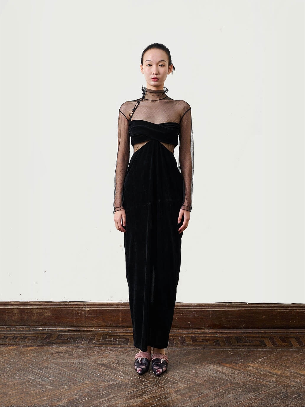 Black 3D Cutting Splicing Polka Dot Mesh Waist Cutout Dress