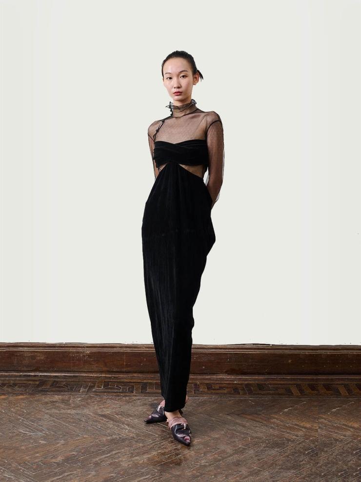 Black 3D Cutting Splicing Polka Dot Mesh Waist Cutout Dress