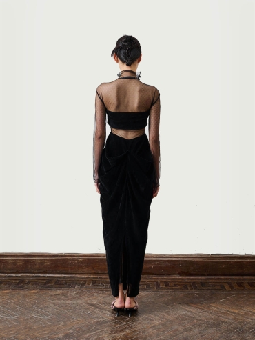 Black 3D Cutting Splicing Polka Dot Mesh Waist Cutout Dress