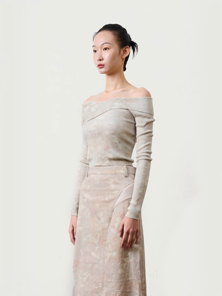 White Freesia Cashmere Printed Strapless Short Knit Sweater