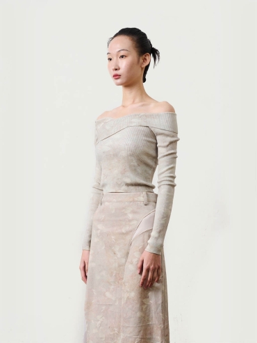 White Freesia Cashmere Printed Strapless Short Knit Sweater