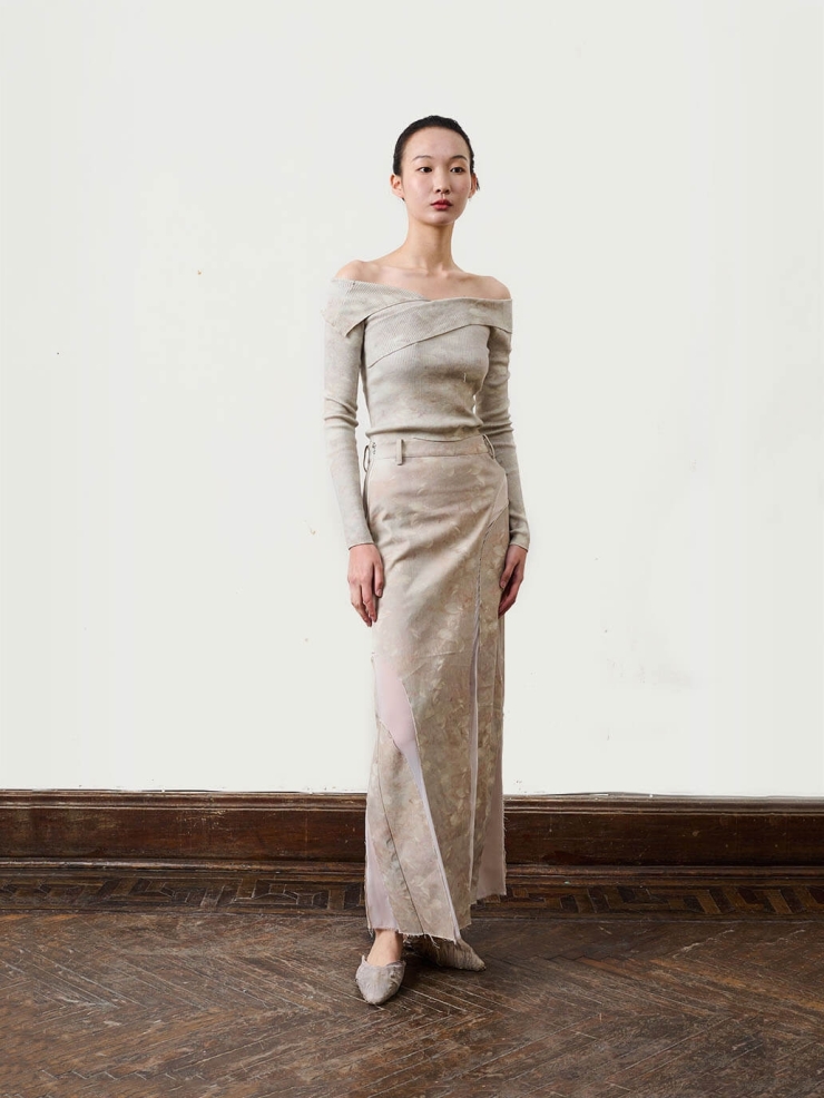 White Freesia Cashmere Printed Strapless Short Knit Sweater