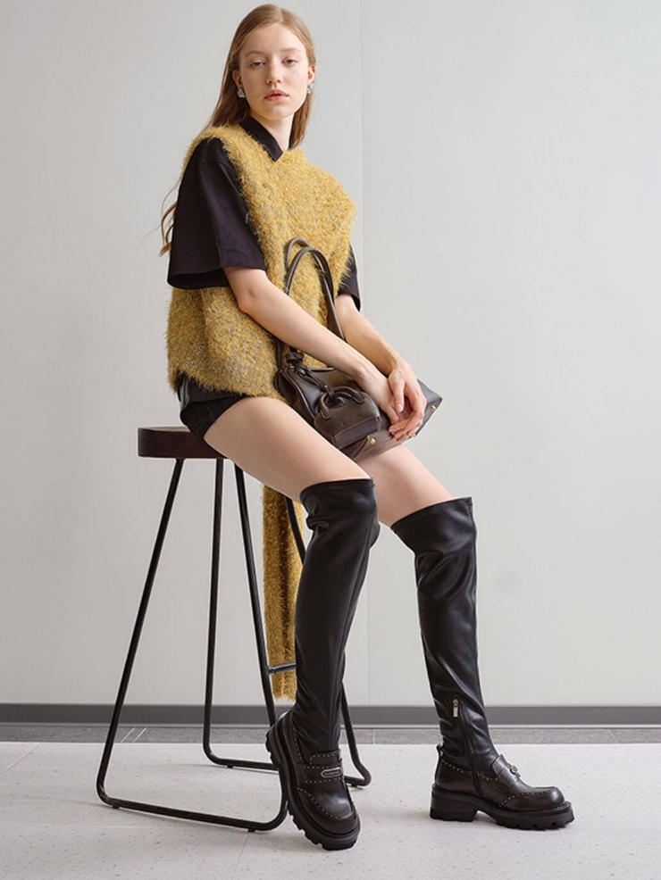 Black DreamCore Knight Modern Academy Long Boots