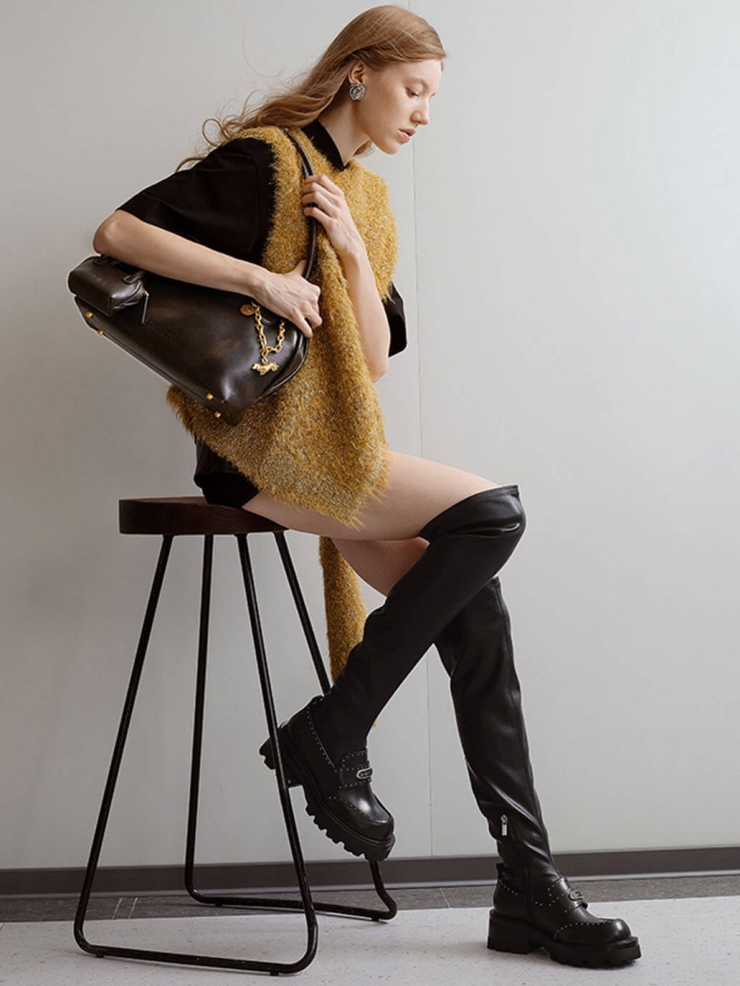 Black DreamCore Knight Modern Academy Long Boots