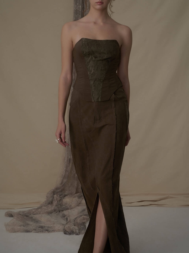 Green blended patchwork straight half skirt