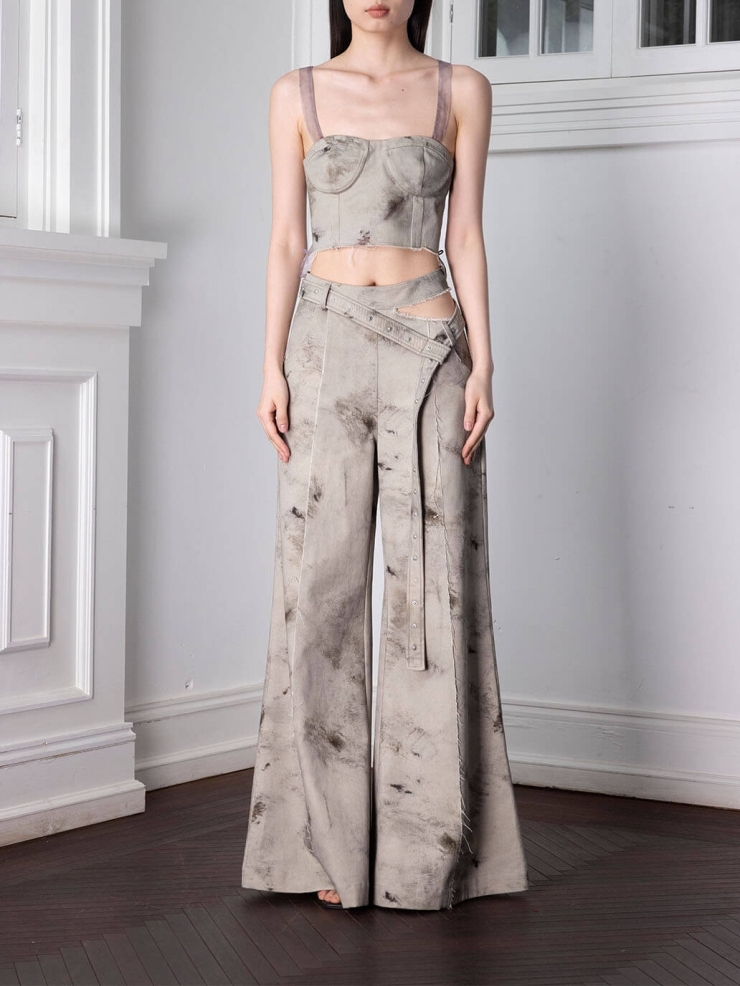 Grey Plantdyed Printed Denim Pants