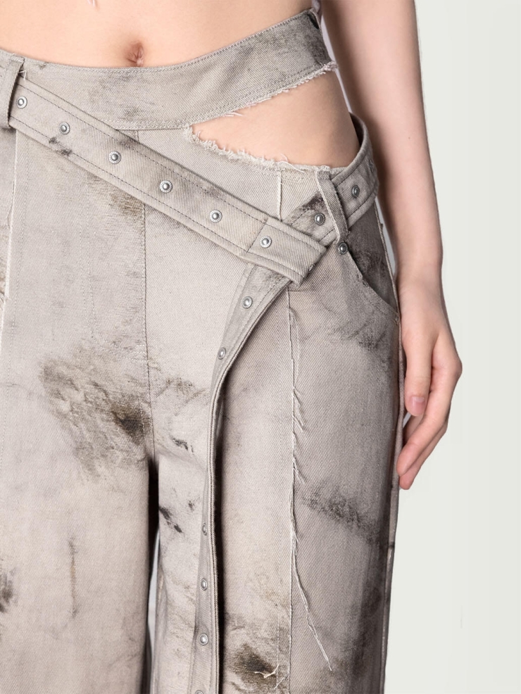 Grey Plantdyed Printed Denim Pants