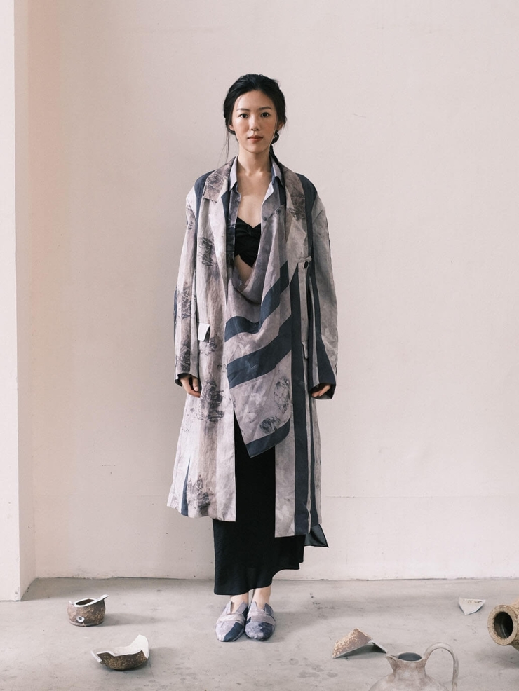 Grey Butterfly Printed Tencel Trench Coat