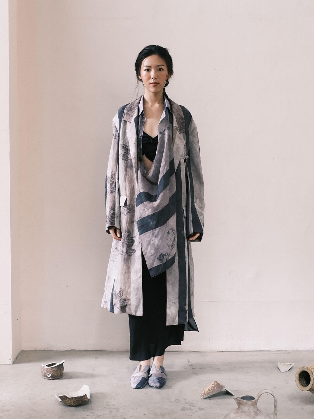 Grey Butterfly Printed Tencel Trench Coat