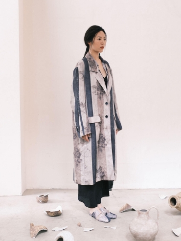 Grey Butterfly Printed Tencel Trench Coat