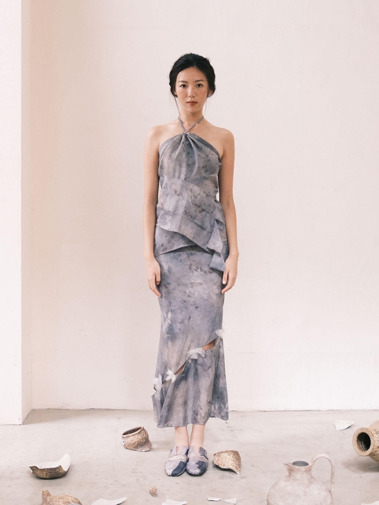 Blue Cracked Porcelain Twilight Mountain Printed Mulberry Silk Cropped Butterfly Fishtail Blue Half Skirt