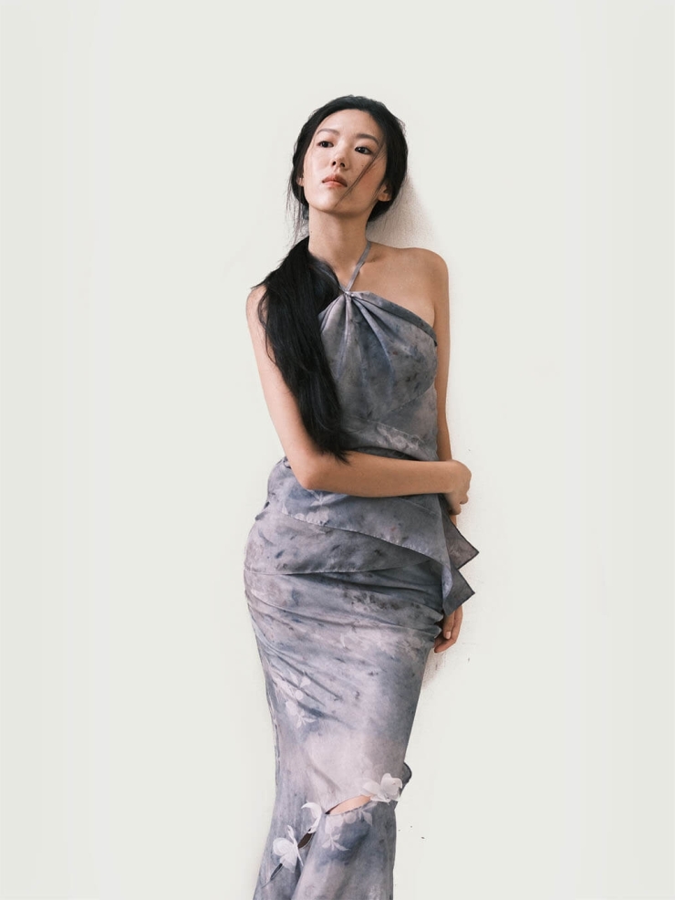 Blue Cracked Porcelain Twilight Mountain Printed Mulberry Silk Cropped Butterfly Fishtail Blue Half Skirt