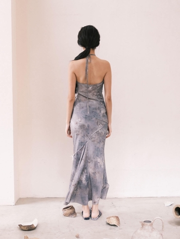 Blue Cracked Porcelain Twilight Mountain Printed Mulberry Silk Cropped Butterfly Fishtail Blue Half Skirt