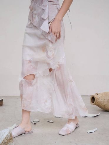 Pink Broken Porcelain Flower Print Mulberry Silk Cropped Butterfly Fishtail Pink Half Skirt