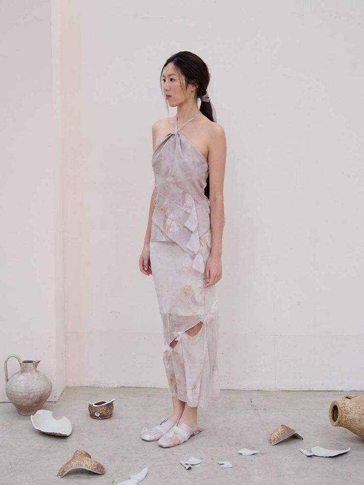 Pink Broken Porcelain Flower Print Mulberry Silk Cropped Butterfly Fishtail Pink Half Skirt