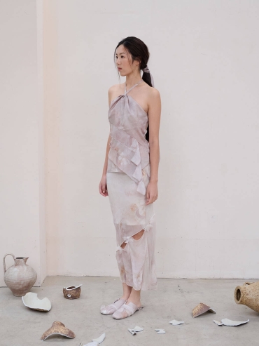 Pink Broken Porcelain Flower Print Mulberry Silk Cropped Butterfly Fishtail Pink Half Skirt