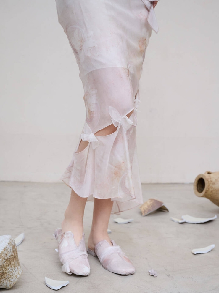 Pink Broken Porcelain Flower Print Mulberry Silk Cropped Butterfly Fishtail Pink Half Skirt