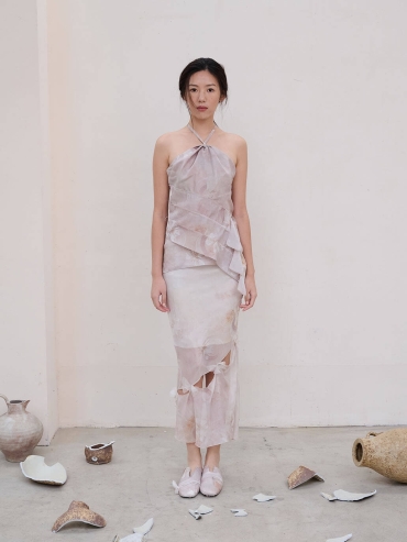 Pink Broken Porcelain Flower Print Mulberry Silk Cropped Butterfly Fishtail Pink Half Skirt