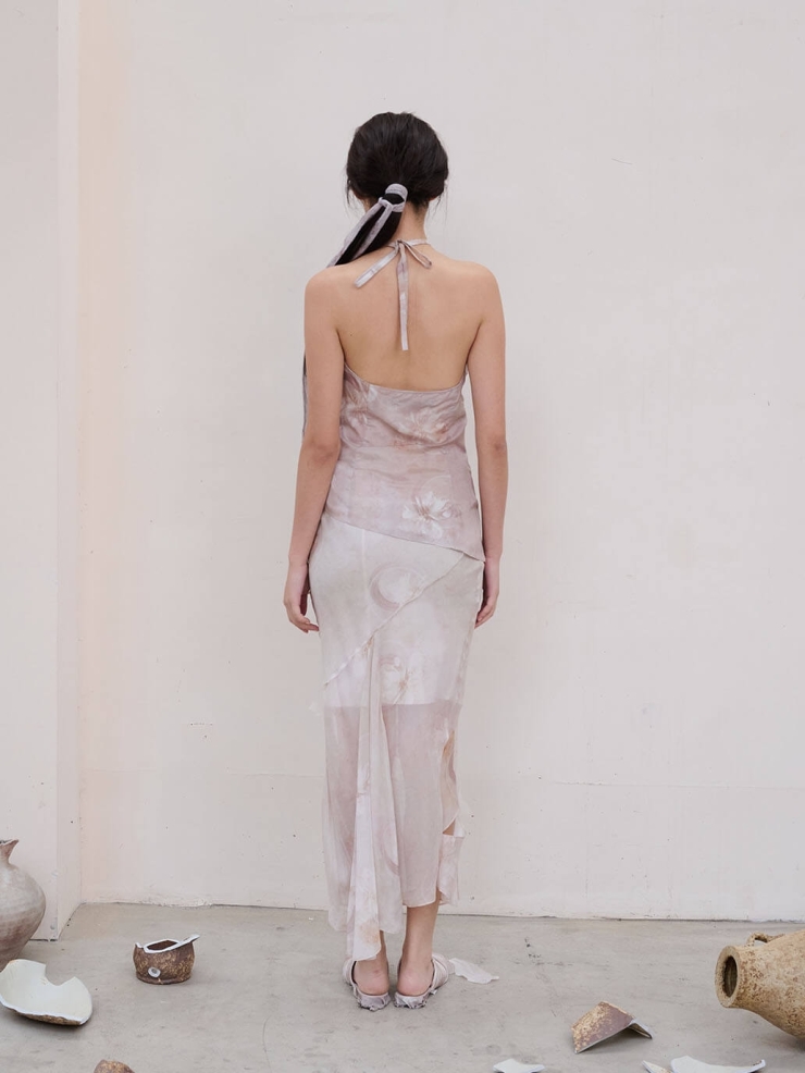 Pink Broken Porcelain Flower Print Mulberry Silk Cropped Butterfly Fishtail Pink Half Skirt