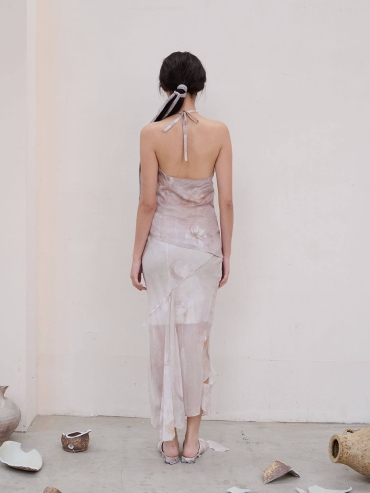 Pink Broken Porcelain Flower Print Mulberry Silk Cropped Butterfly Fishtail Pink Half Skirt