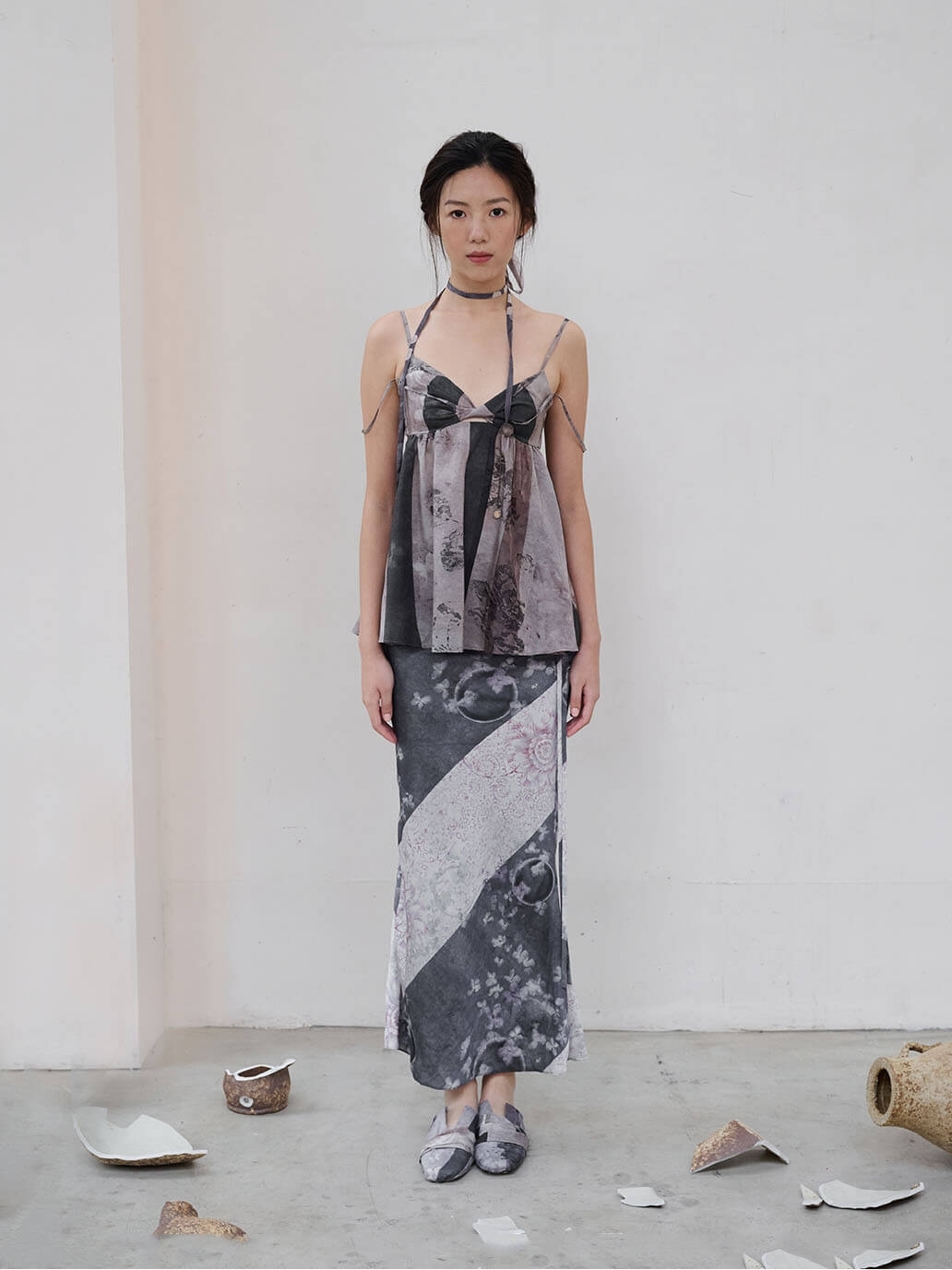 Black Porcelain Sakura Printed Imported Sea Island Silk Fluttering Fishtail Half Skirt