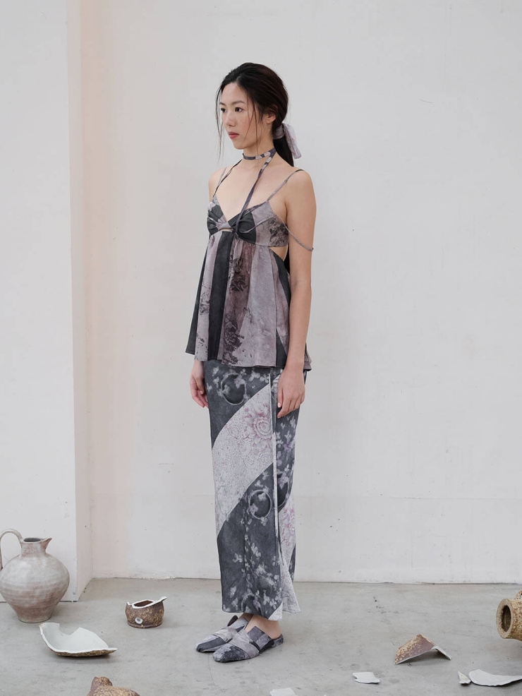 Black Porcelain Sakura Printed Imported Sea Island Silk Fluttering Fishtail Half Skirt