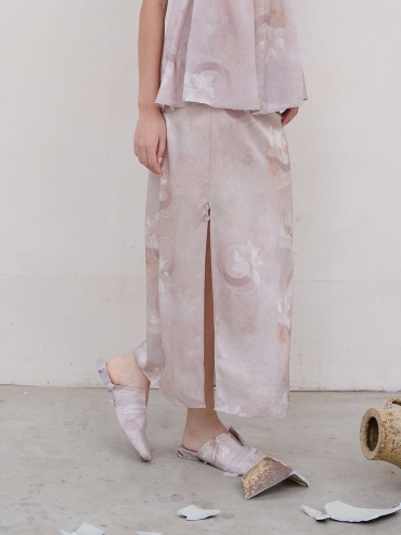 Pink Cracked Porcelain Flower Acetate Print Drawstring Half Skirt