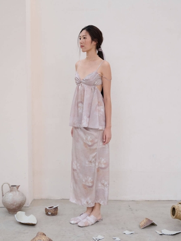 Pink Cracked Porcelain Flower Acetate Print Drawstring Half Skirt