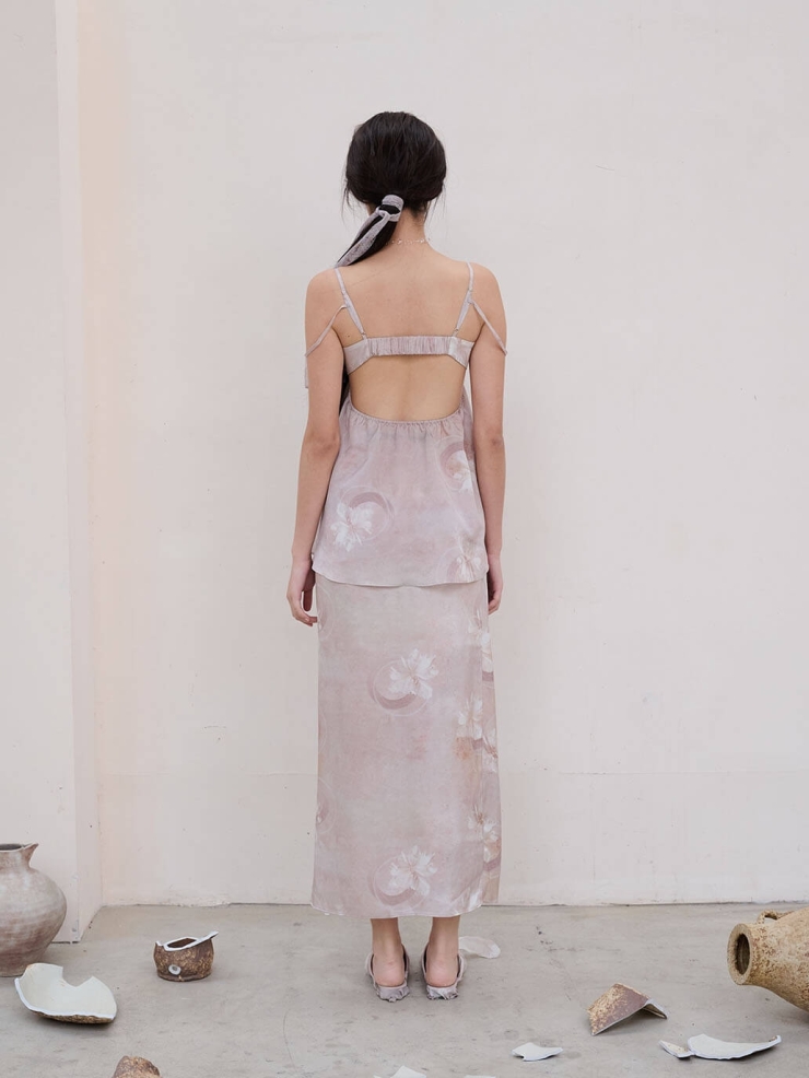 Pink Cracked Porcelain Flower Acetate Print Drawstring Half Skirt