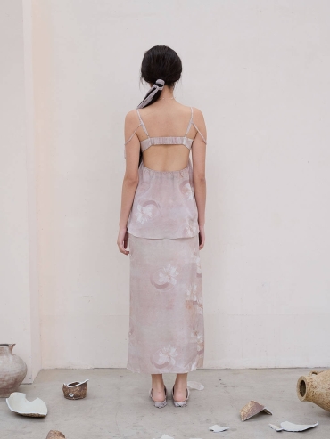 Pink Cracked Porcelain Flower Acetate Print Drawstring Half Skirt