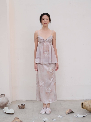 Pink Cracked Porcelain Flower Acetate Print Drawstring Half Skirt