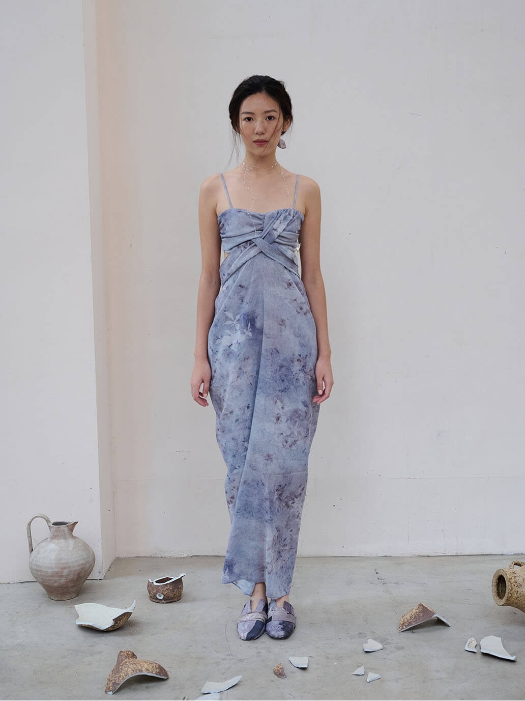 Blue Broken Porcelain Twilight Mountain Printed Textured Tulle Blue Hollow Out Dress