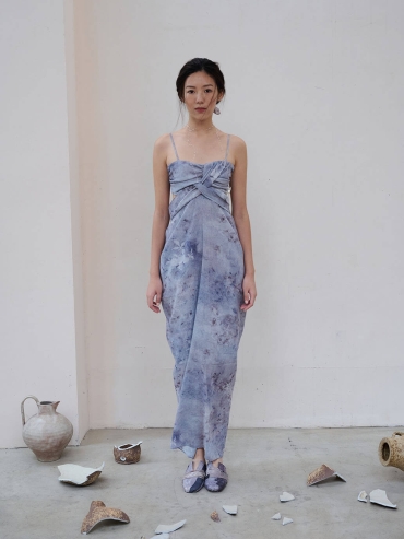 Blue Broken Porcelain Twilight Mountain Printed Textured Tulle Blue Hollow Out Dress