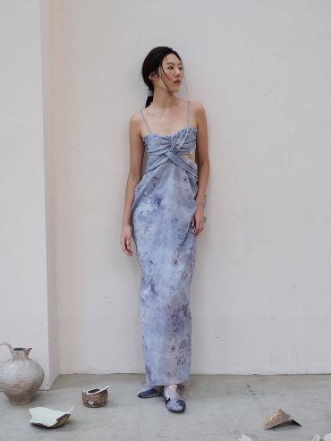 Blue Broken Porcelain Twilight Mountain Printed Textured Tulle Blue Hollow Out Dress
